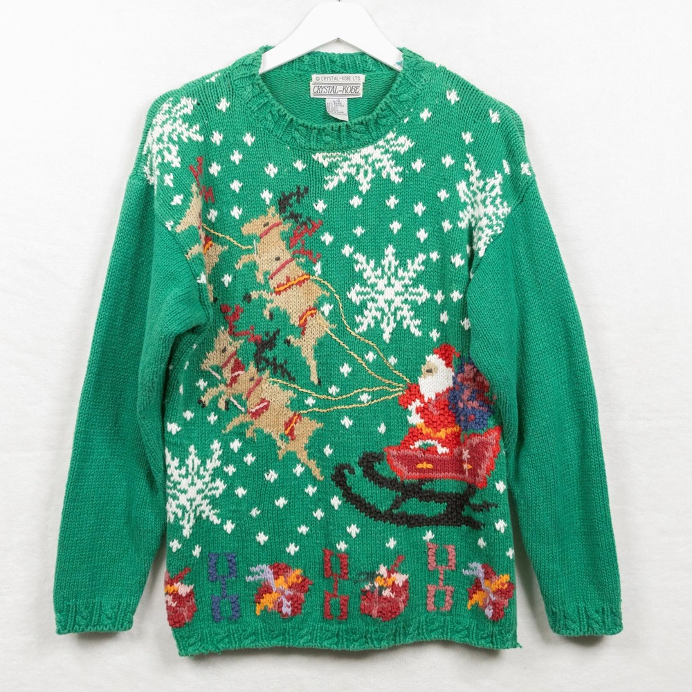 CRYSTAL-KOBE Santa Reindeer Christmas Holiday Knit Pullover Sweater Green Sz L